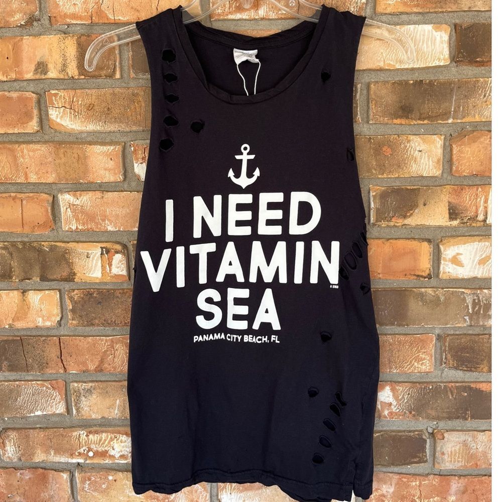I Need Vitamin Sea Women’s Medium Distressed Sleeveless Black Graphic Tank Top